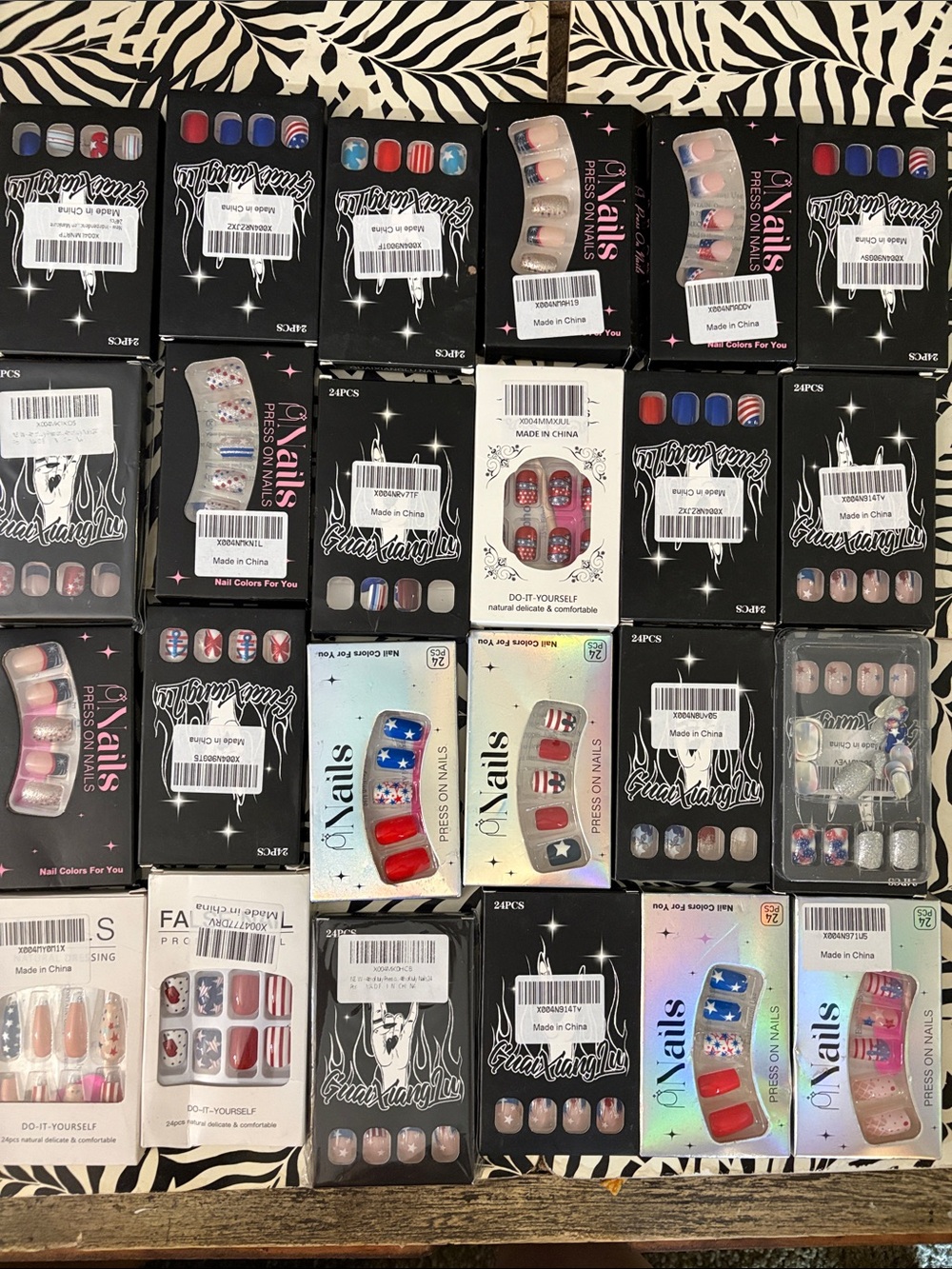Set of 24 Patriotic Press-On Nail Collection - Red, Blue, White, Pink, Silver